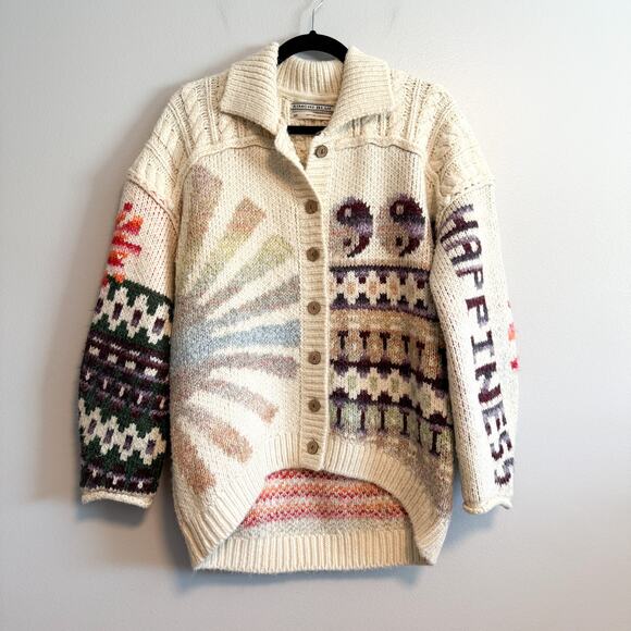 UO Kimchi Blue “Happiness” Chunky Knit Cardigan Sweater Y2K Cream Multi Size S - Picture 5 of 15
